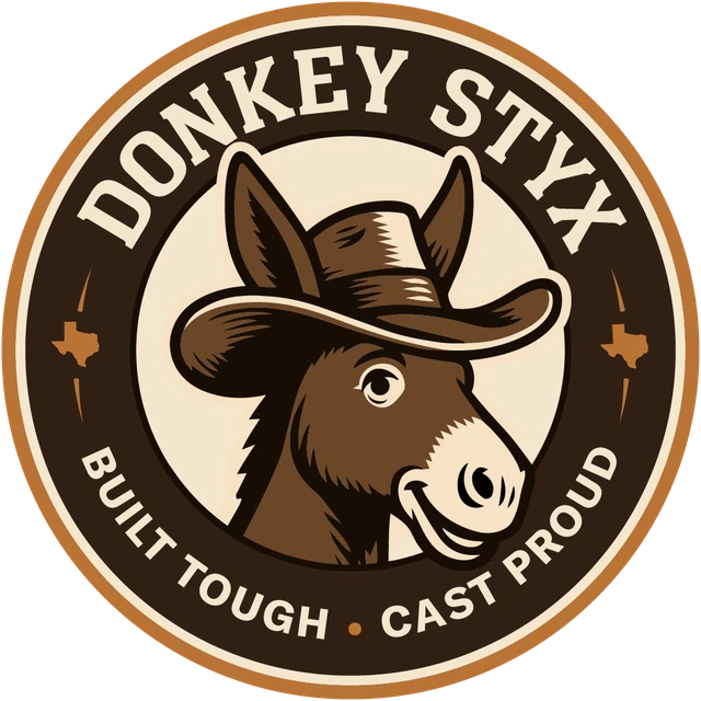Donkey Styx badge: a donkey in a cowboy hat, Built Tough, Cast Proud